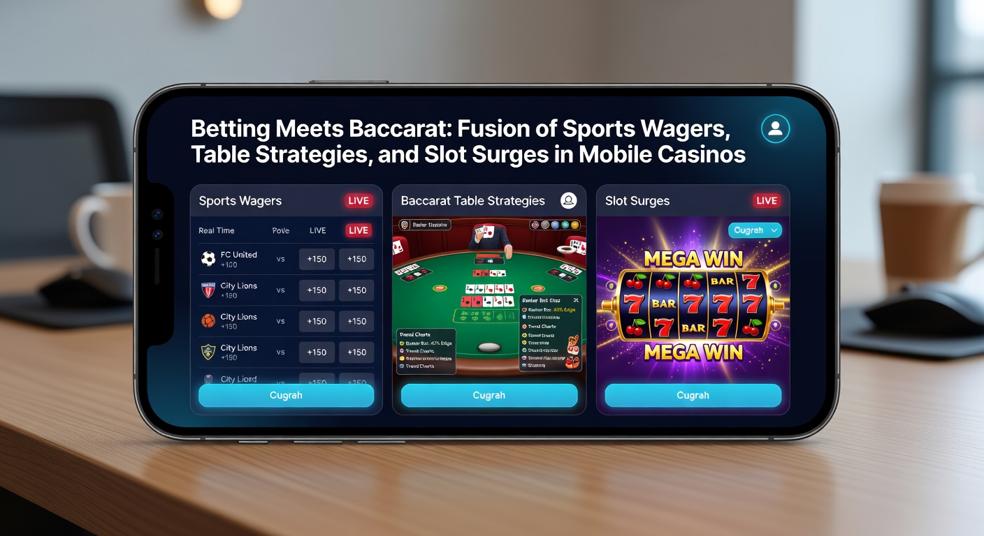 Dynamic mobile interface fusing baccarat cards, sports betting slip, and exploding slot bonuses in one swipeable dashboard