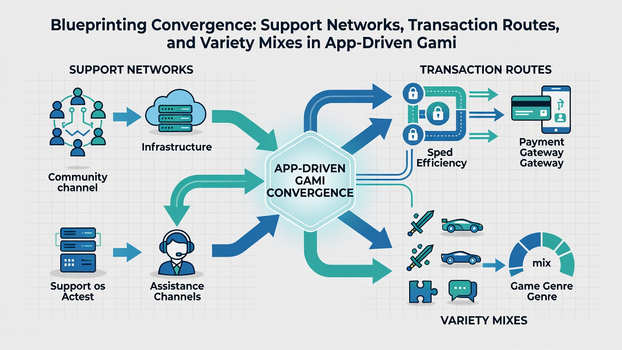 Diagram depicting transaction routes flowing between mobile apps, payment processors, and diverse gaming categories including slots and live tables