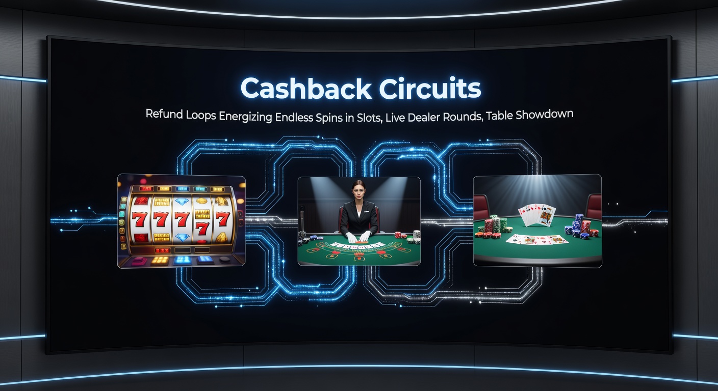 Close-up visualization of refund cycles interconnecting slot machines, live camera feeds, poker chips, and betting slips in a vibrant casino loop