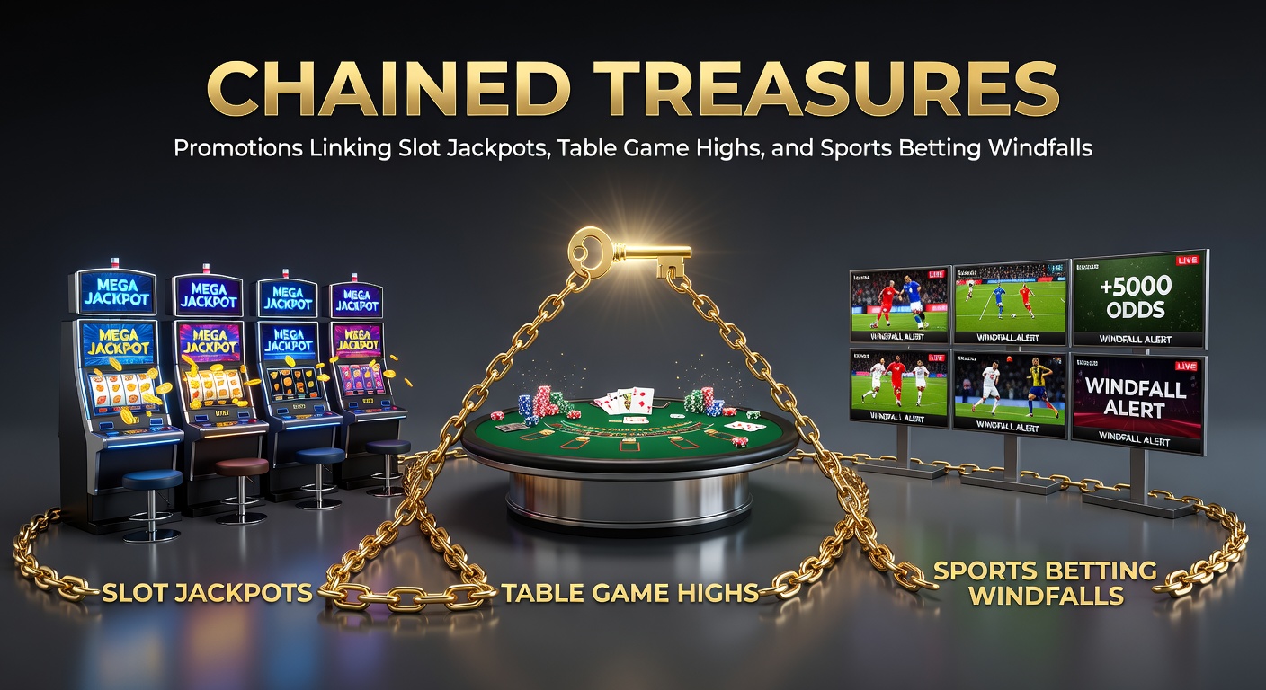 Digital graphic illustrating chained promotion flow: slot jackpot arrow to table game multiplier, branching to sports betting free bet icon