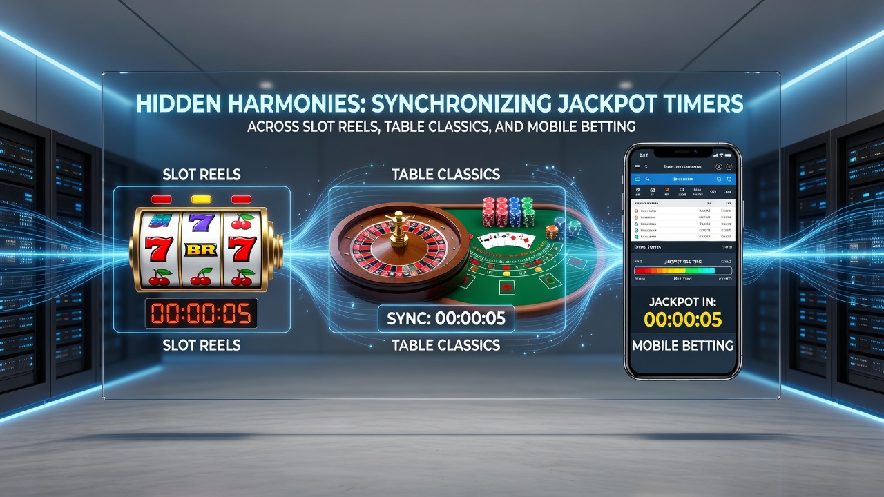 Screenshot of synchronized jackpot displays on slot screen, table terminal, and mobile app showing identical prize values