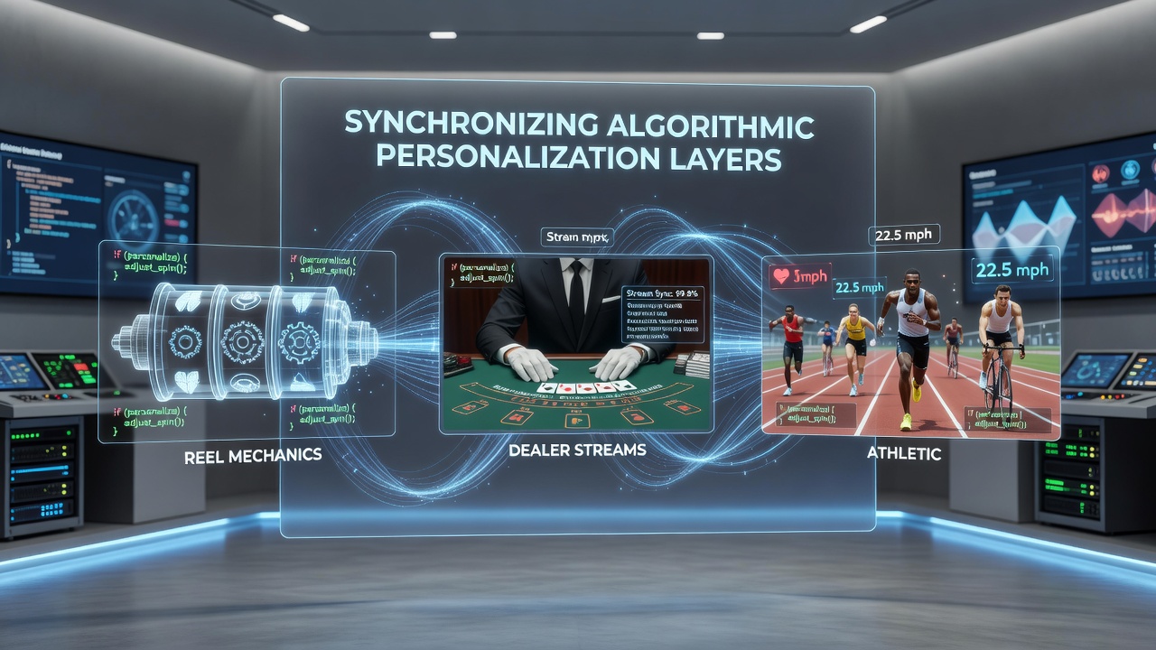 Illustration of cross-device synchronization between sports odds displays, live dealer tables, and slot reel interfaces
