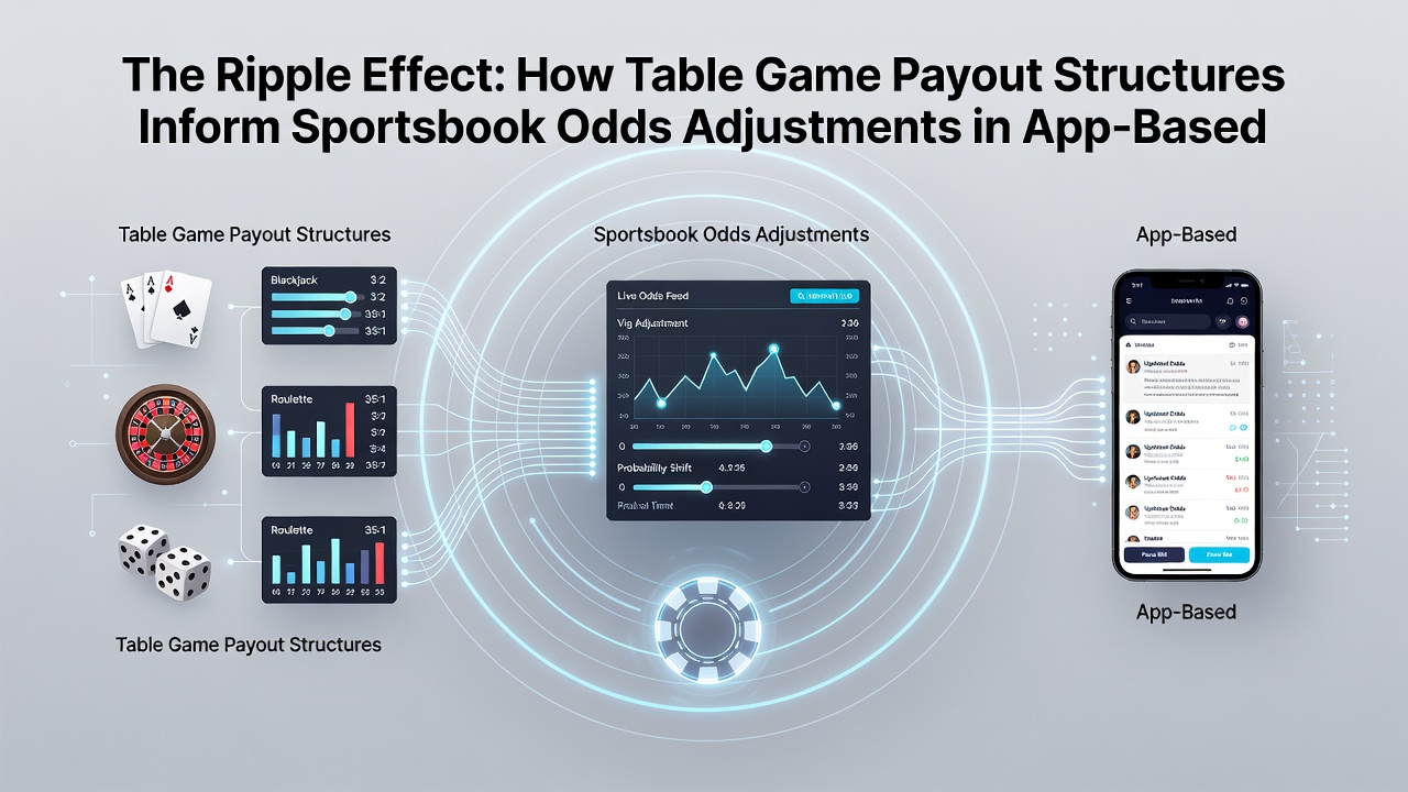 Diagram showing data flow between table games and sportsbook adjustments in app-based environments