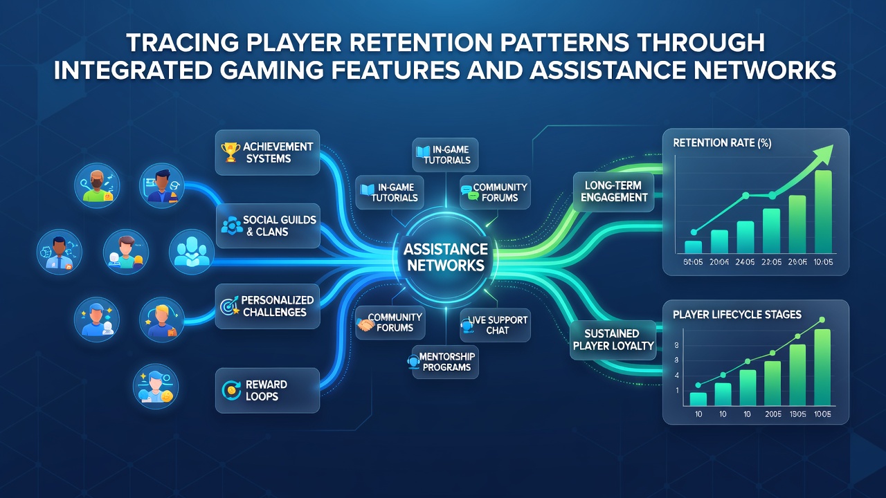 Diagram showing connections between gaming features, player activity logs, and assistance response times